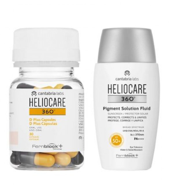 Heliocare 360° D Plus Cápsulas (X30 unidades) + Pigment Solution Fluid Protetor solar SPF50+ - 50ml (Preço especial)