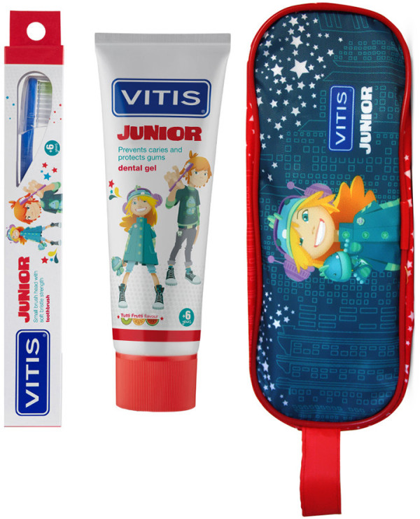 Vitis Júnior Escova de dentes + Gel dentífrico - 75ml + Oferta de Estojo _+6Anos