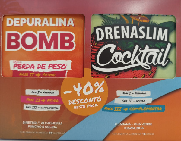 Depuralina Bomb (60 capsulas) + Drenaslim cocktail morango (15 sticks) Depuralina Bomb (60 capsulas) + Drenaslim cocktail morango (15 sticks)